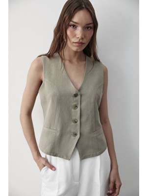 Jaste Kadın Haki Düğme Detaylı Keten Yelek Regular Fit Basic Stil Kolsuz Tasarım