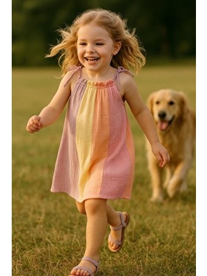 Bondberro Müslin Kız Çocuk Elbisesi %100 Pamuk Organik Fırfırlı Etekli Yazlık Stil