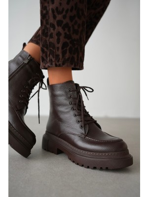 Anemon Hakiki Deri Yuvarlak Burunlu Kısa Bot- Kahverengi