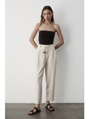 Jaste Kadın Yüksel Bel Boncuklu Bağcıklı Keten Pantolon NATURAL