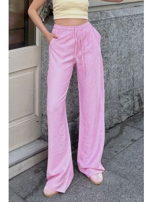 Pembe Keten Karışımlı Bol Kesim Pantolon
