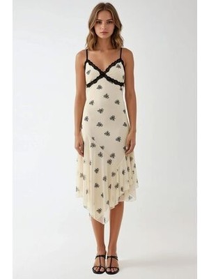 Hiccup V Yaka Baskılı Bodycon Silüet Dantel Detaylı Maxi Elbise Özel Olaylar İçin Şık Stil