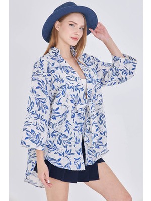 Kadın Saks-Ekru Desenli Keten Görünümlü Önden Bağlamalı Kimono Gömlek ARM-24Y001079