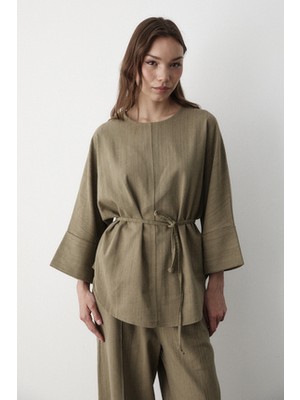 Jaste Kadın Keten Oversize Üst Bluz & Lastikli Bol Paça Pantolon Alt & Üst Takım HAKİ