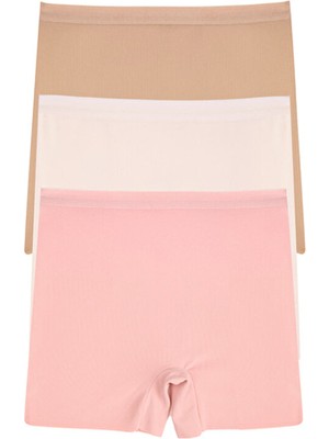 Kadın Lazer Kesim Dikişsiz Kadın Boxer Külot 3 Lü Paket Yüksek Bel Polyester Pembe