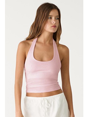 Açık Pembe %95 Pamuk Halter Yaka Çift Kat Crop Top Body