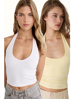Beyaz Tereyağı Sarı 2'li %95 Pamuk Halter Yaka Çift Kat Crop Top Body