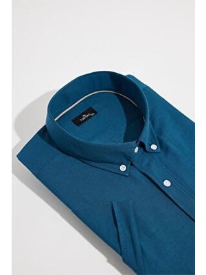 Erkek Büyük Beden Kısa Kol Yaka Düğmeli Pamuklu Cepli Düz Petrol Gömlek