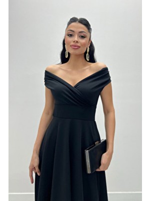 Giyimmasalı Kloş Midi Elbise Abiye Gece İçin Düz Renk Şık Tasarım Siyah