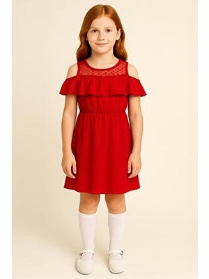 Kız Çocuk Fırfırlı Dantel Detaylı Pamuklu Kırmızı Elbise