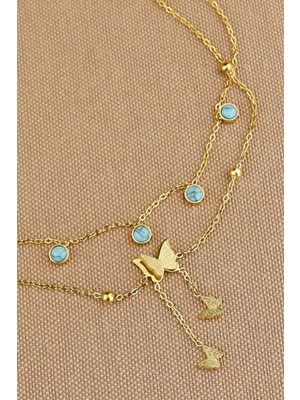 316L Çelik Halhal - 2li Kombin Kelebekli Turkuaz Taşlı 316L Çelik Halhal 22+5cm Kararmaz Solmaz