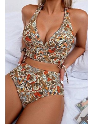 Bella Notte Kadın Kaplı Astarlı Yüksek Bel Bikini Takımı Kahverengi Baskılı Polyamid Kumaş ile Şık Tasarım