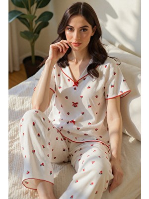 Bella Notte Pamuklu Kiraz Desenli V Yaka Pijama Takımı  Rahat ve Şık Tasarım
