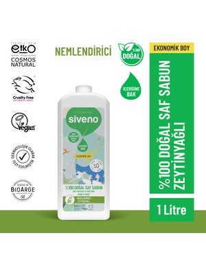 Siveno %100 Doğal Sıvı Kastil Sabun Zeytinyağlı Yoğun Nemlendirici Bitkisel Vegan 1000 ml