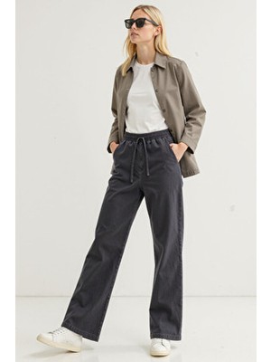 Enzim Jeans Kadın Wide Leg Pantolon Beli Lastikli Normal Bel Denim Kumaş Düz Desenli Rahat Kesim