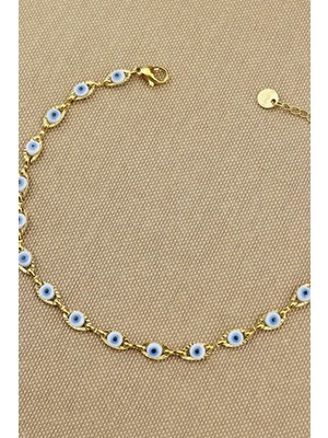 316L Çelik Halhal - Beyaz Nazar Göz Boncuklu 316L Çelik Halhal 20+3cm Kararmaz Solmaz