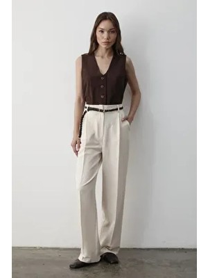 Jaste Kadın Keten Örgü Kemerli Beli Lastikli Yüksel Bel Palazzo Pantolon BEJ