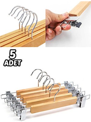 5 Adet Ahşap Askılık Mandallı Etek-Pantolon Askısı Elbise Askısı-Bebek Askılık - Ayarlanır Askılık