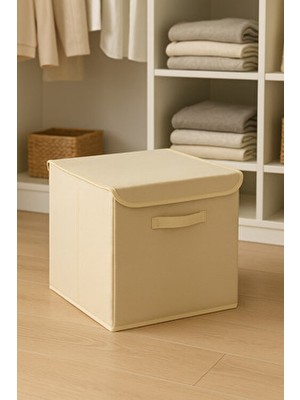 Prendi Home Krem Renkli Katlanır Kapaklı Saklama Kutusu Kumaş Malzemeden Üretilmiş 30x30x30 Boyutlarında