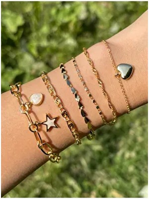 Kadın Gold Renk 6 Lı Kalp Yıldız Bileklik Zincir Seti Zirkon Taşlı Gümüş Malzeme ile Şık Tasarım