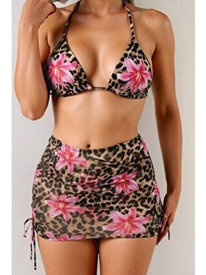 Kadın Leopar Desenli 3 Parça Pareo ve Bikini Takımı