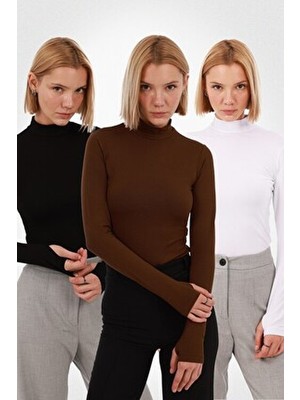 Yade Fashion Kadın 3'lü Parmak Detaylı Body Set Uzun Kollu Boğazlı Yaka Çok Renkli Viskon Kumaş