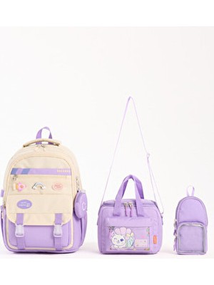 Kore Tarzı Aksesuarlı 3'lü Kız Çocuk Okul Çantası & Beslenme ve Kalemlikli Ilkokul Sırt Çantası