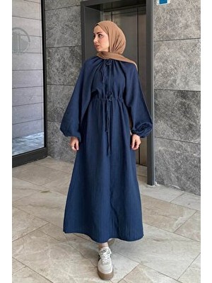 Lamelif Lacivert Balon Kol Bağlamalı Tesettür Elbise Pamuk Polyester Düz Desenli Oversize