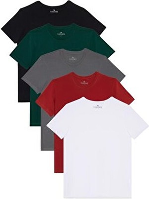 Unisex 5'li Paket Beyaz-Kırmızı-Gri-Yeşil-Siyah Slim Fit Dar Kesim %100 Pamuk Bisiklet Yaka Tişört