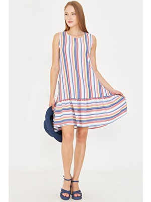 Kadın Lacivert Desenli Kolsuz Eteği Fırfırlı Elbise ARM-22K001142