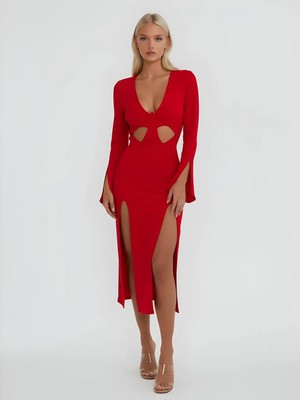 Çift Yırmaçlı Midi Elbise