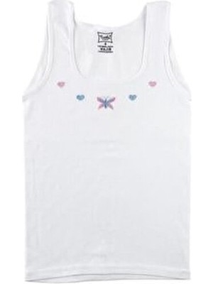 Tutku Kız Çocuklar İçin 6 Adet Beyaz Renk Işlemeli Kalın Askılı Atlet Nefes Alabilir Pamuk