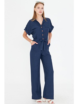Kadın Lacivert Önden Düğmeli Beli Kuşaklı Cepli Yarasa Kol Palazzo Tulum ARM-24Y001105