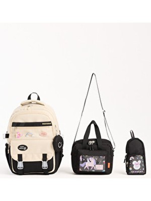 Kore Tarzı Aksesuarlı 3'lü Kız Çocuk Okul Çantası & Beslenme ve Kalemlikli Ilkokul Sırt Çantası