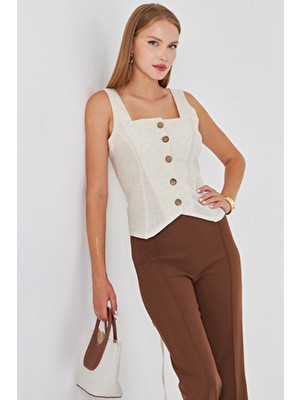 Kadın Krem Kare Yaka Arkası Bağcık Detaylı Keten Görünümlü Yelek ARM-25Y001089