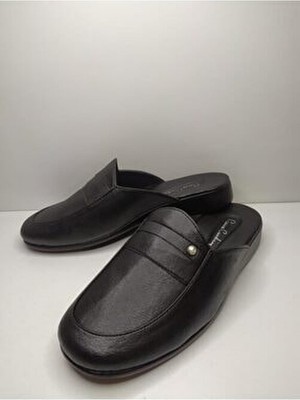 Erkek Siyah Damat Çeyiz Armalı Düz Deri Terlik