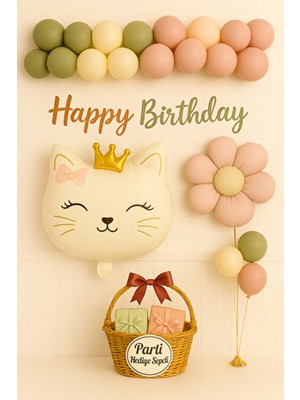 Kedi Temalı Doğum Günü Süs Seti | Çiçekli Pembe Küf Yeşili Konsept Parti