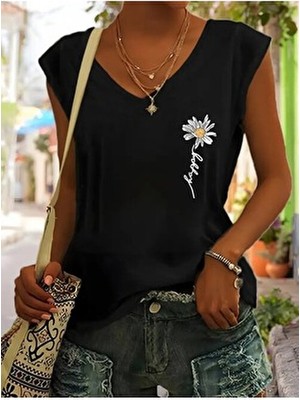 Kadın V Yaka Kolsuz Oversize Salas Boyfriend T-Shirt