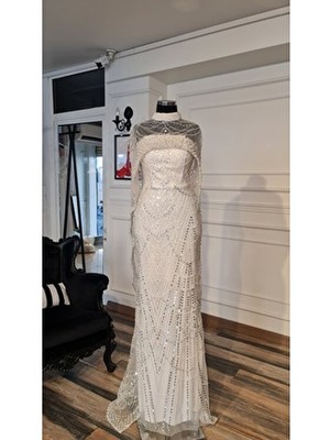 Incili Taş Işlemeli Gelinlik Söz Nişan Nikah Elbisesi