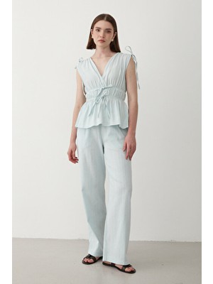 Jaste Kadın Omuz Bel Büzgülü Bluz & Beli Lastikli Pantolon Keten Takım MAVİ