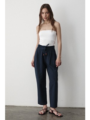 Jaste Kadın Yüksel Bel Boncuklu Bağcıklı Keten Pantolon LACİVERT