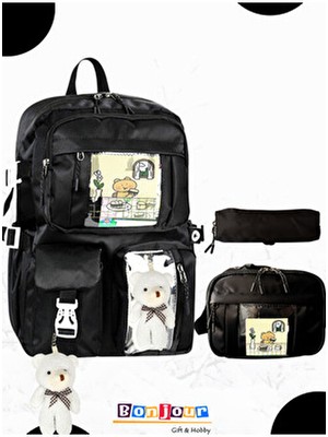 Bonjour Gift & Hobby Siyah Tekstil 3'lü Kore Modeli Set Çocuk İlkokul Çantası, Kalemlik ve Beslenme Çantası