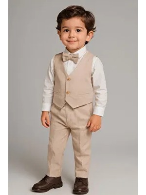 tinytrends Erkek Bebek&çocuk Yelekli Çizgili Takım Elbise Bej Renk Relaxed Kalıp 5 Yaş Doğum Günü İçin Özel