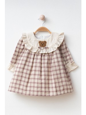 Miniğimin Cicileri Ayıcık Panç Detaylı Kız Çocuk Pamuk elbise - Mor