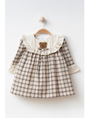 Miniğimin Cicileri Ayıcık Panç Detaylı Kız Çocuk Pamuk elbise - Siyah