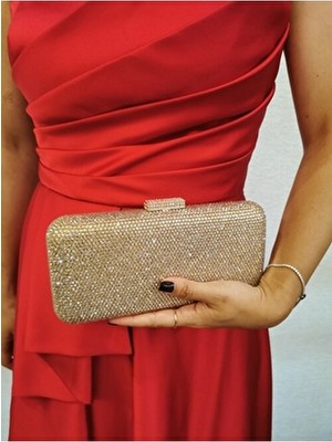 Kadın Exclusive Lüks Taşlı Altın Abiye Clutch Zincir Askılı El Düğün Nişan Gece Çantası