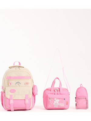 Kore Tarzı Aksesuarlı 3'lü Kız Çocuk Okul Çantası & Beslenme ve Kalemlikli Ilkokul Sırt Çantası