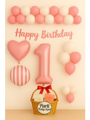 Pembe 1 Yaş Doğum Günü Balon Seti | Kalp Çizgili Folyo Happy Birthday