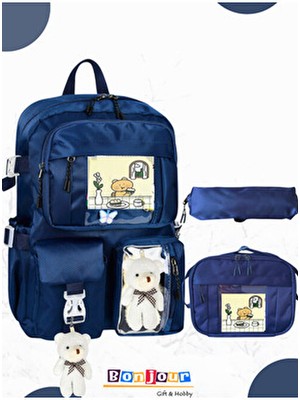 Bonjour Gift & Hobby 3'lü Kore Modeli Set Çocuk Ilkokul Çantası Lacivert Tekstil Materyal Figür Desenli Tasarım