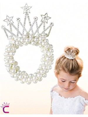 Prenses Taç Incili Yıldızlı Taşlı Lastikli Elastik Topuz Tokası - Kız Çocuk Tacı Doğum Günü Tokası